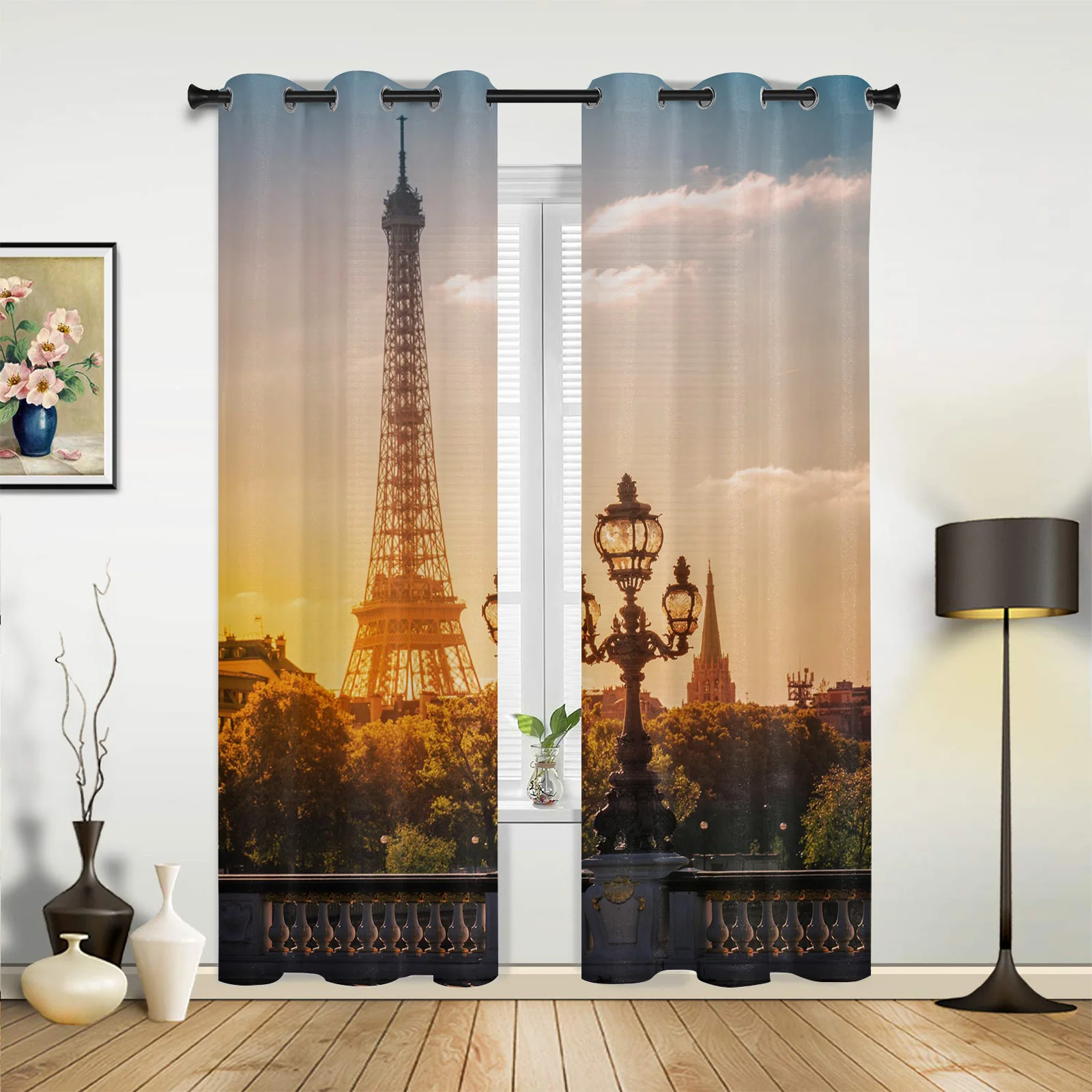 Tower Building Trees Retro Kitchen Curtain Kids Bedroom Living Room Balcony French Windows Curtain Fabric Pergola Bathroom