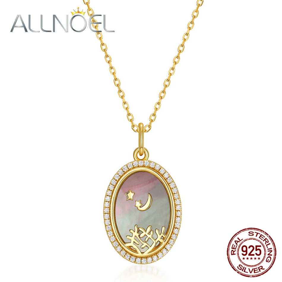 

ALLNOEL 925 Sterling Silver Pendant Necklace For Women 15*11mm Black Shell Star Moon Desert Scenery Vintage Chic FIne Jewelry