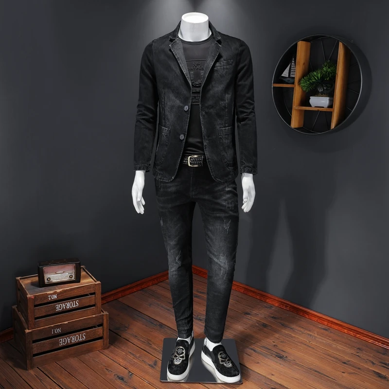 Denim Blazer Mannen Blazer Jeans Slim Fit Cowboy Jassen Leisure Mens Suit Jean Jas Mannen Casual Jas Enkele Knop Nieuwe 2020