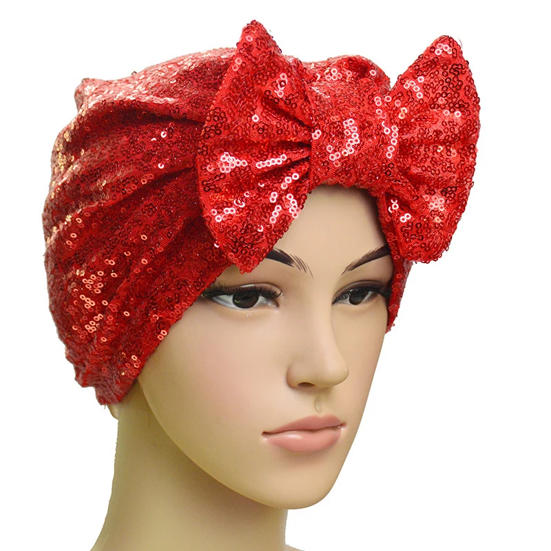 Turban en coton à paillettes pour femmes musulmanes, bonnet, nœud papillon, hijab, chapeau de sauna, bonnets de chimio ronds, nœuds, accessoires de