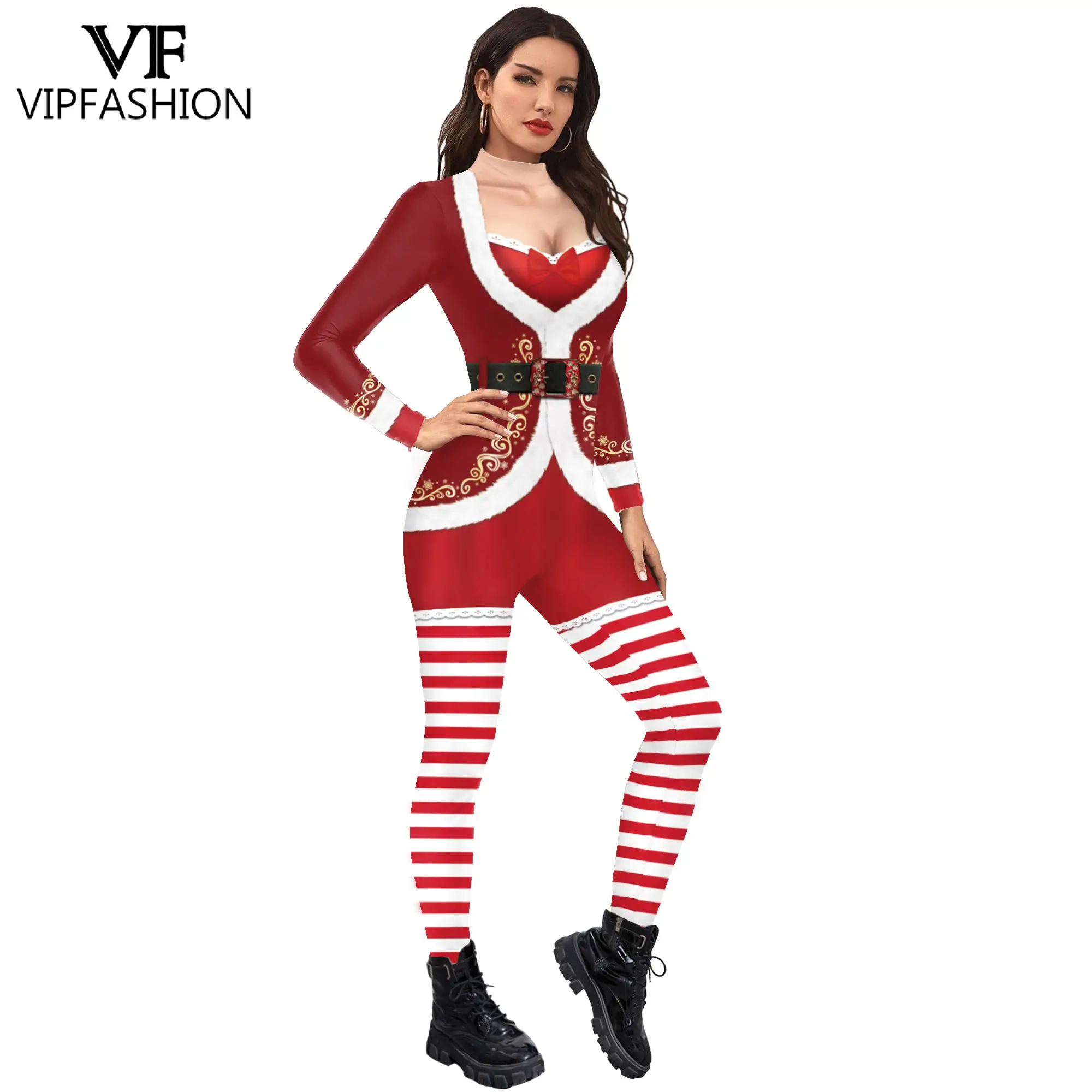 VIP FASHION Christmas Women Cosplay Costumes Funny Dress Legging Print Jumpsuit Sexy Onesie Female Party Outfit Zentai Bodysuit