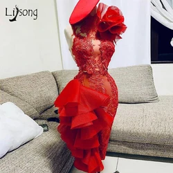 Real Image Red Lace Sexy Knee Length Cocktail Dresses One Shoulder Sexy Prom Gowns Tulle 3D Flower Ruffles Formal Party Dress