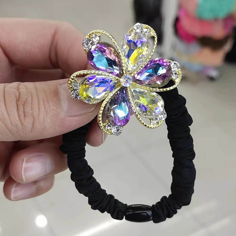 New Fashion High Elastic Rubber Band With Shiny Crystals For Women Headwear Colorful Flower To Fix Hair Trend Hair Elastic Band