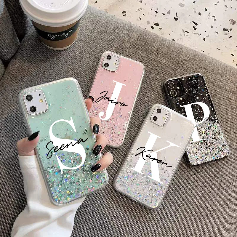 ปรับแต่ง Monogram ชื่อเริ่มต้น Glitter สำหรับ iPhone 14 13 12 11 Pro Max 8 Plus XR XS Max luxury Clear Personalisa ฝาครอบ