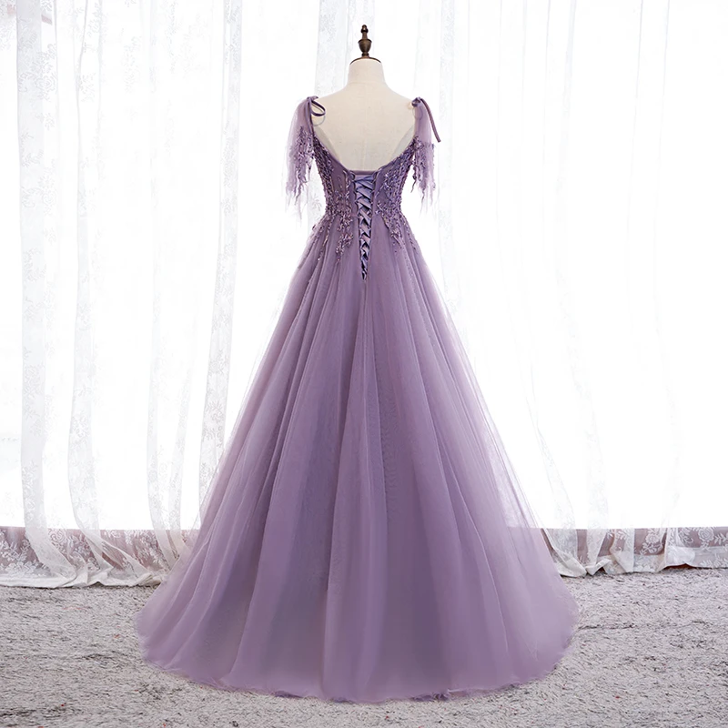 Evening Dress Spaghetti Strap Purple Deep V-Neck A-Line Floor-Length Backless AppliquesTulle New Party Formal Gown Woman B213