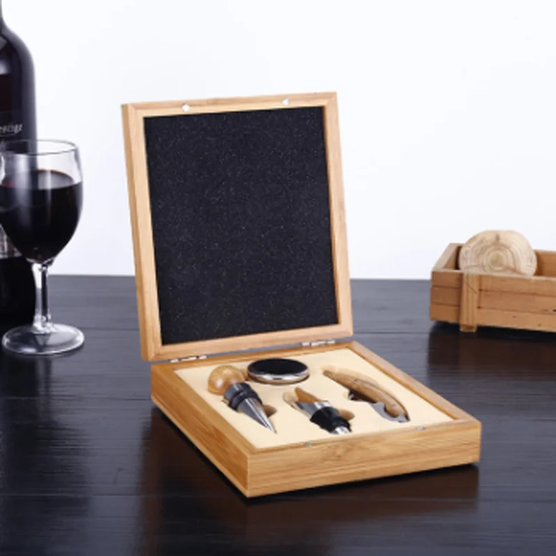 4pcs Premium Wine Tools Automatic Bottle Opener Corkscrew Bamboo Business Gift Sets For Wine Accessories