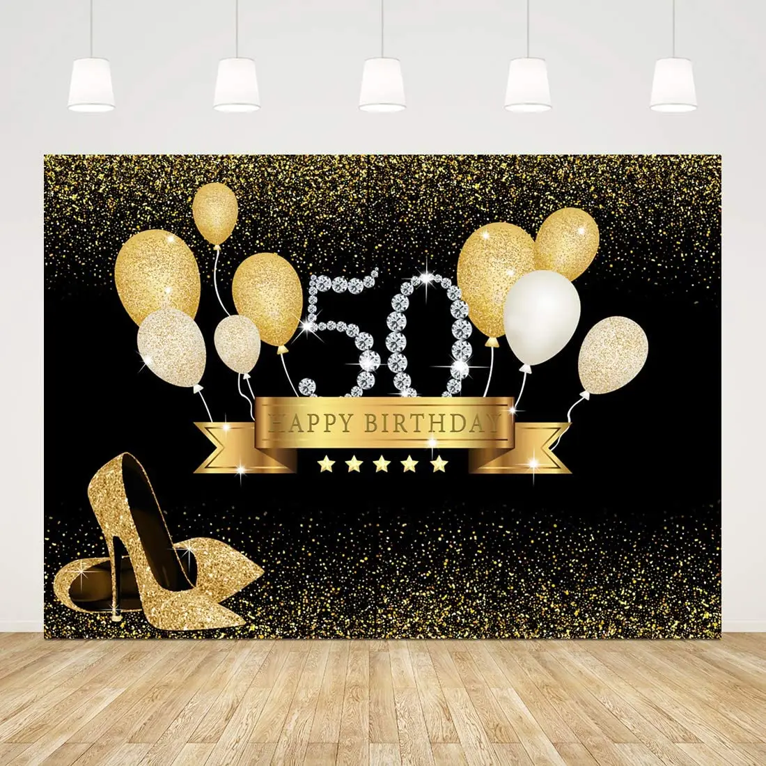 Happy 50th Birthday Party Photography Backdrop Black And Gold Background Glitter Balloons High Heel Women 50 Years Old Banner