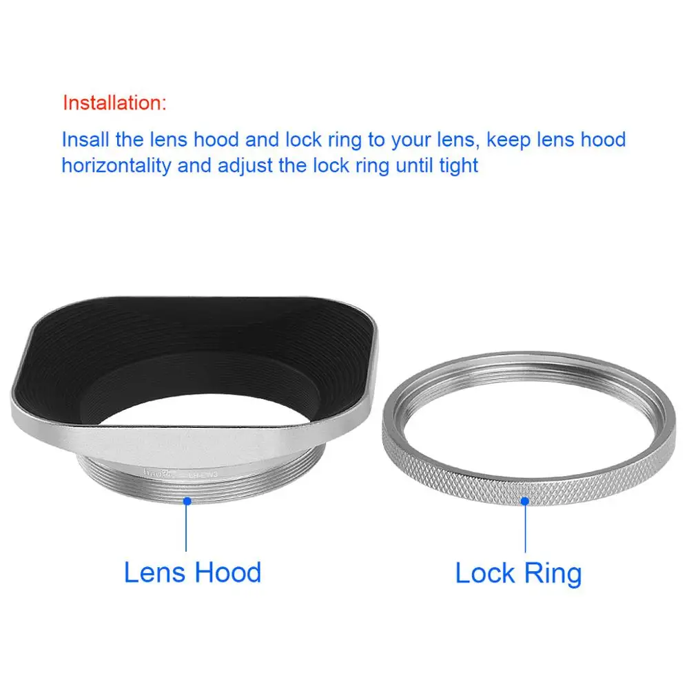 Haoge-parasol cuadrado de Metal de 49mm y tapa de Metal, especialmente diseñado para Todas las lentes de 49mm o rosca de filtro plateada