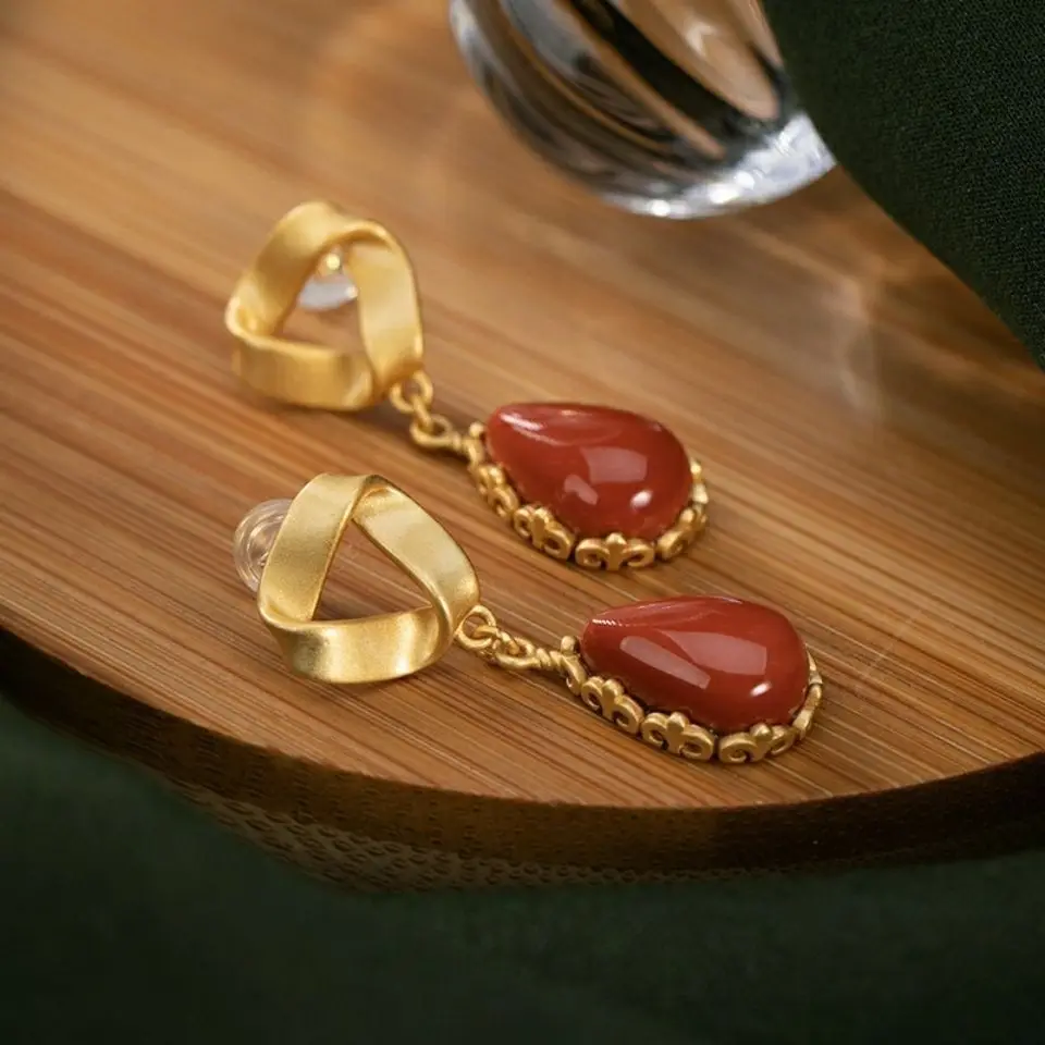 Designer original new ancient gold craftsmanship drop-shaped Hetian jade earrings elegant and luxurious women's silver jewelry