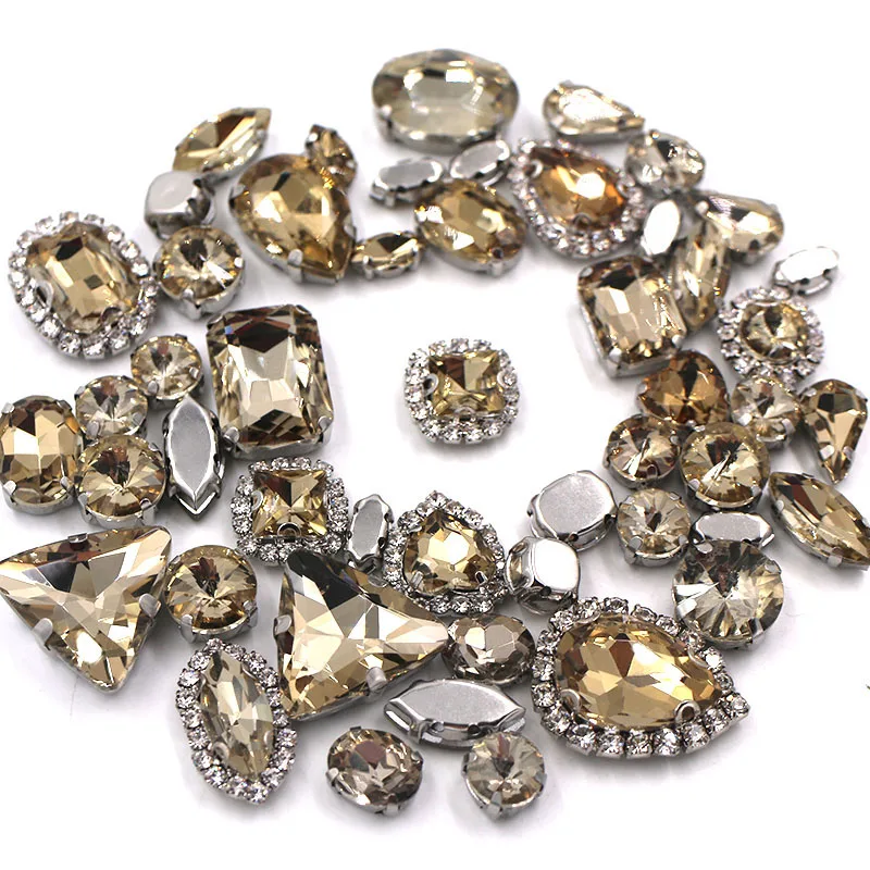 50pcs/Bag Light Coffee Mixed Shape Sew on Glass Rhinestone Silver Claw Crystal Buckle Diy Wedding Decoration Clothes/Shoe/Dress