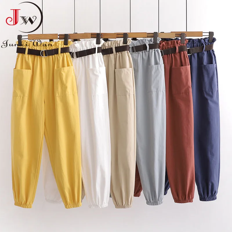 

Women Summer Casual Cargo Pants 2022 Spring Loose Solid High Elastic Waist Girls Ankle-Length Cotton Trousers With Belt Pantalon