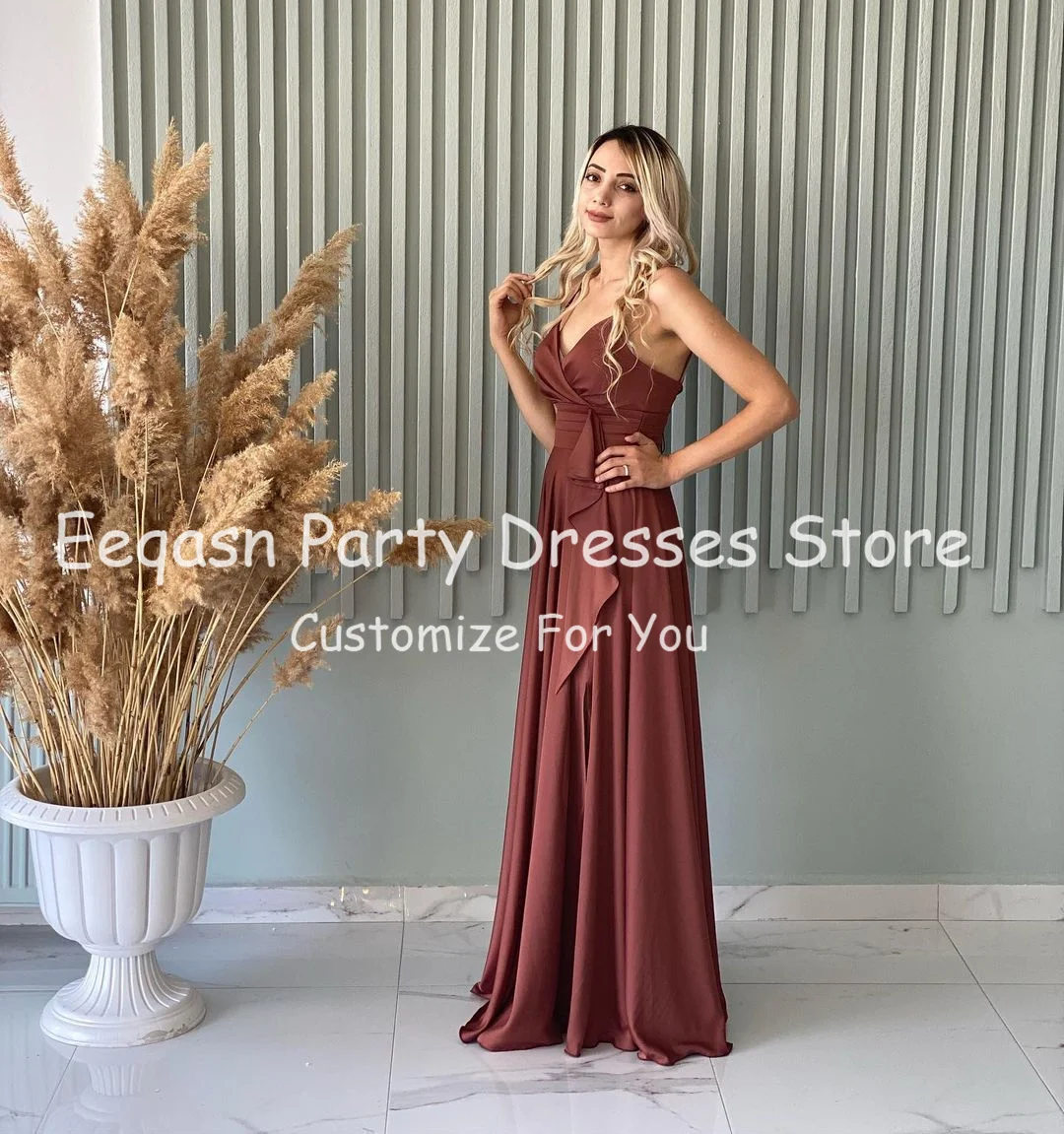 Eeqasn Classic Chiffon Bridesmaid Dresses For Wedding Party Pleated Straps Women Prom Gowns Slit Slide Formal Evening Dress