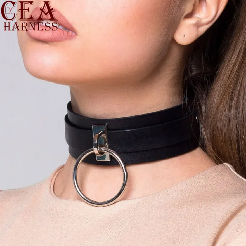 CEA.HARNESS O-ring Choker Leather Choker Leathe Collar BDSM  Submissive Fetish Neck Belt Slave Circle Ring Leather Neck