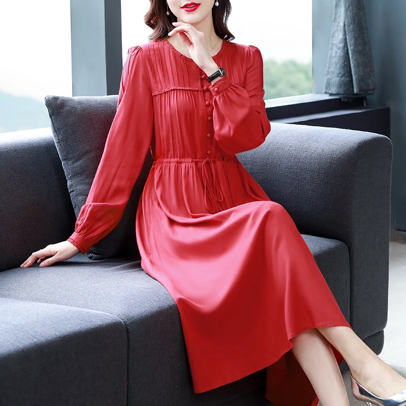 2024 Red Fashion Cotton and Linen Midi Dresses Women Korean Vintage Casual Long Sleeve Dress Autumn Winter Elegant Bodycon Dress