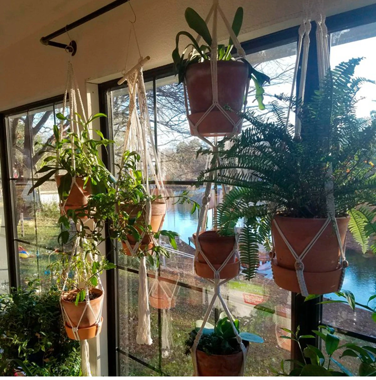 Planta colgante hecha a mano, macramé, colgador de plantas, maceta, decoración de pared, patio, jardín, maceta colgante, cesta colgante
