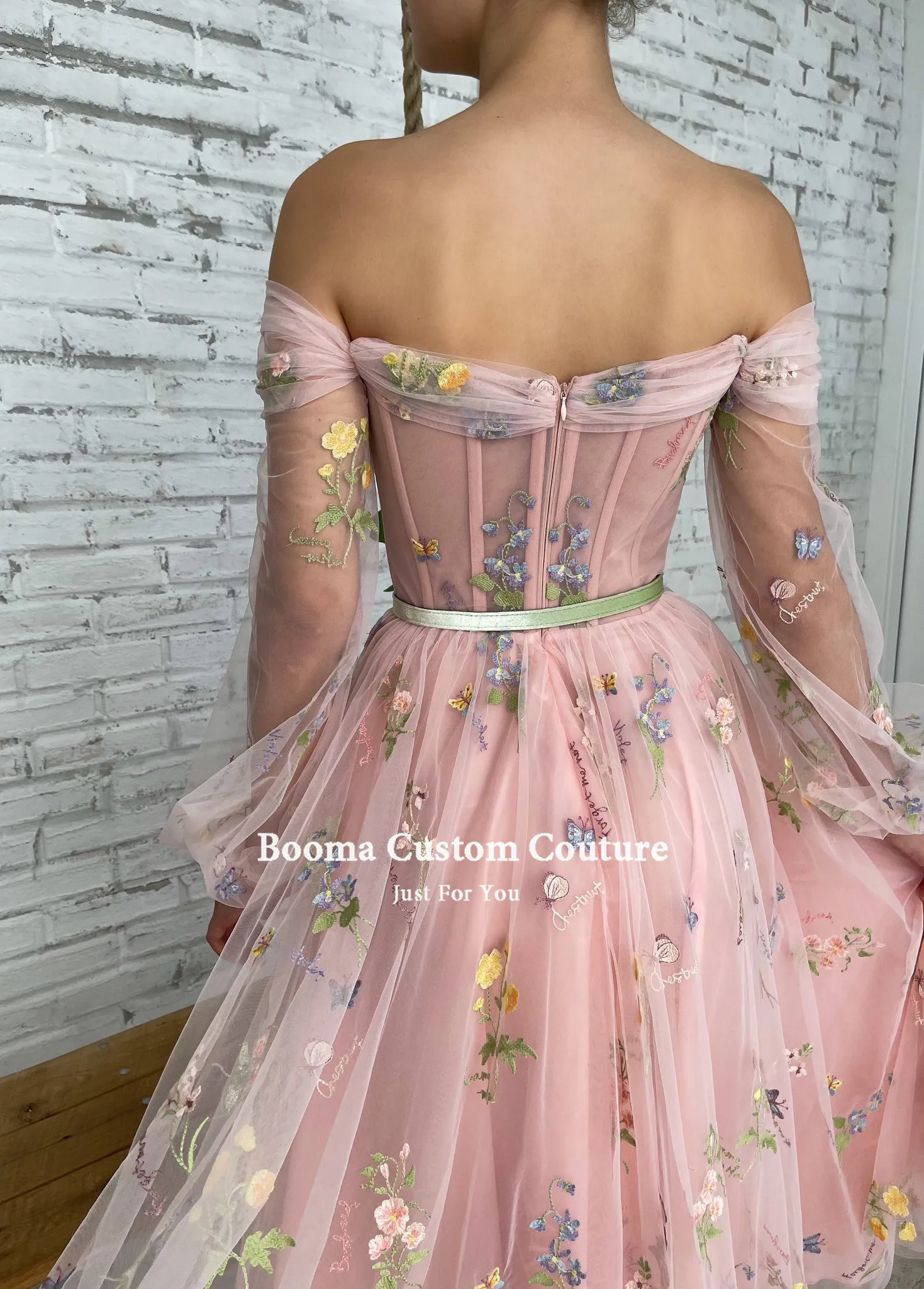 Booma Embroidery Lace Midi Prom Dresses Off Shoulder Long Sleeves Tea-Length Wedding Party Dress Tulle Formal Gown Customized