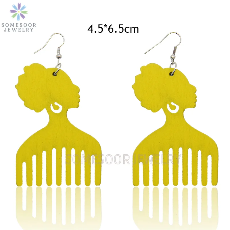 SOMESOOR 4 Styles Colorful African Comb Wooden Drop Earrings Engraved Afrocentric Ethnic Wood Dangle Jewelry For Women Gifts