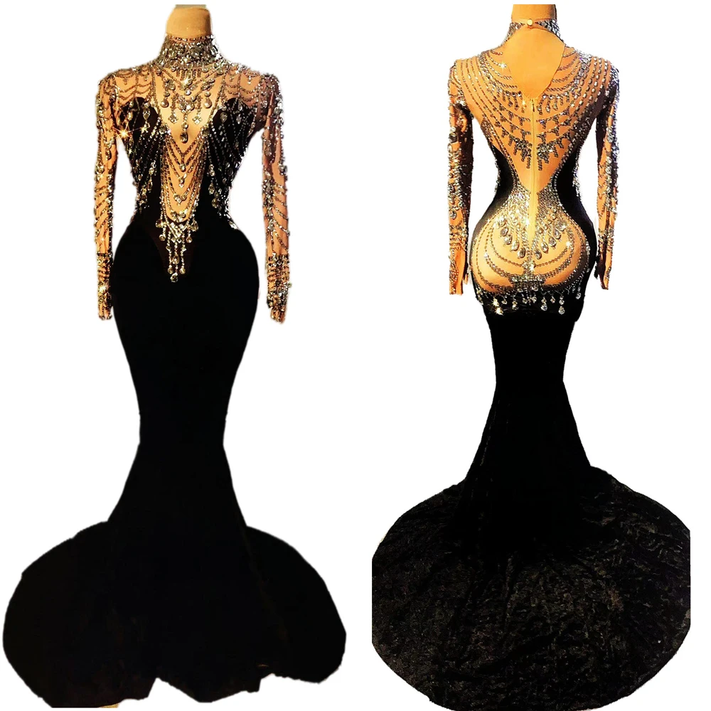 Vestido longo sereia veludo strass para mulheres, trajes de festa elegantes, baile de formatura de cristal, festa e casamento