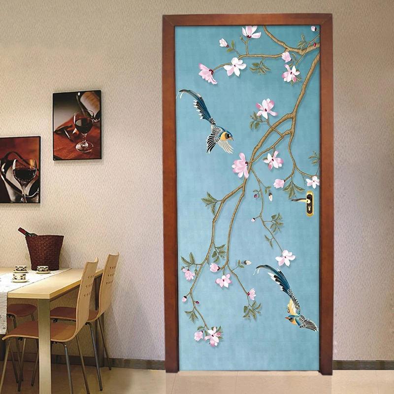 Chinese Style Flower Bird Mural Waterproof Self-adhesive Door Sticker Vinyl Wall Paper For Living Room Bedroom Door Decoration