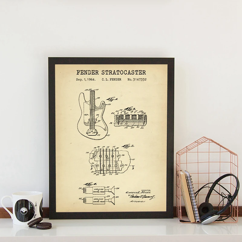 Fender Stratocaster Print Fender guitarra eléctrica carteles de charol regalos de músicos profesor de música presente arte de pared pintura en lienzo
