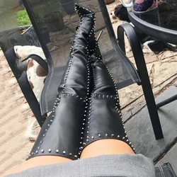 BERZIMER Women Over Knee High Boots Studded Stiletto High Heels Boots Thigh High Sexy Botas Mujer Shoes Woman Big Size 39 44 47