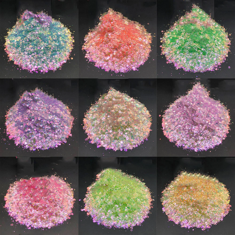 50g/Bag AB Colorful Translucent Nail Art Gradient Glitter Sequins Mixed Size Hexagon Nail Patch Decorations Symphony Flakes VG-9