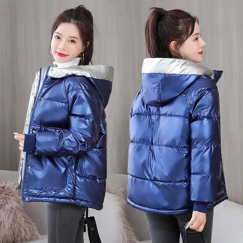 

Nice Pop Winter Jacket Parkas Women Glossy Short Down Cotton Jacket Women Hooded Parka Warm Cotton Padded Jacket Casual Outwear