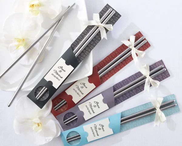 Free shipping 10pairs/lot  East Meets West Stainless-Steel Chopsticks Wedding Favors in Artistic Sleeve