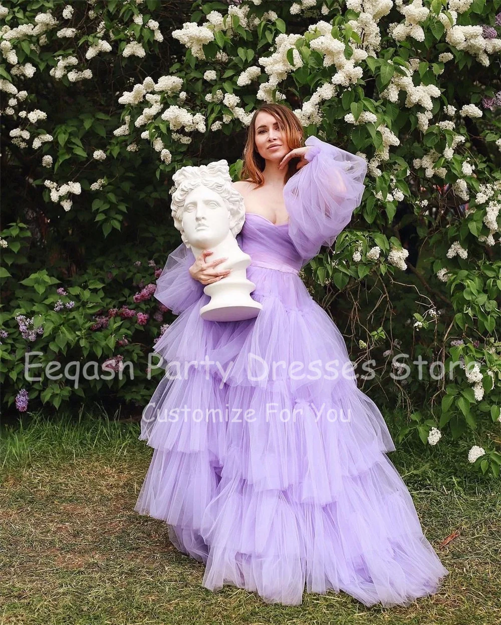 Bafftafe Customized Lavender Long Puffy Sleeves Prom Dresses Korea Off Shoulder Tiered Evening Gowns Corset Women Formal Dress
