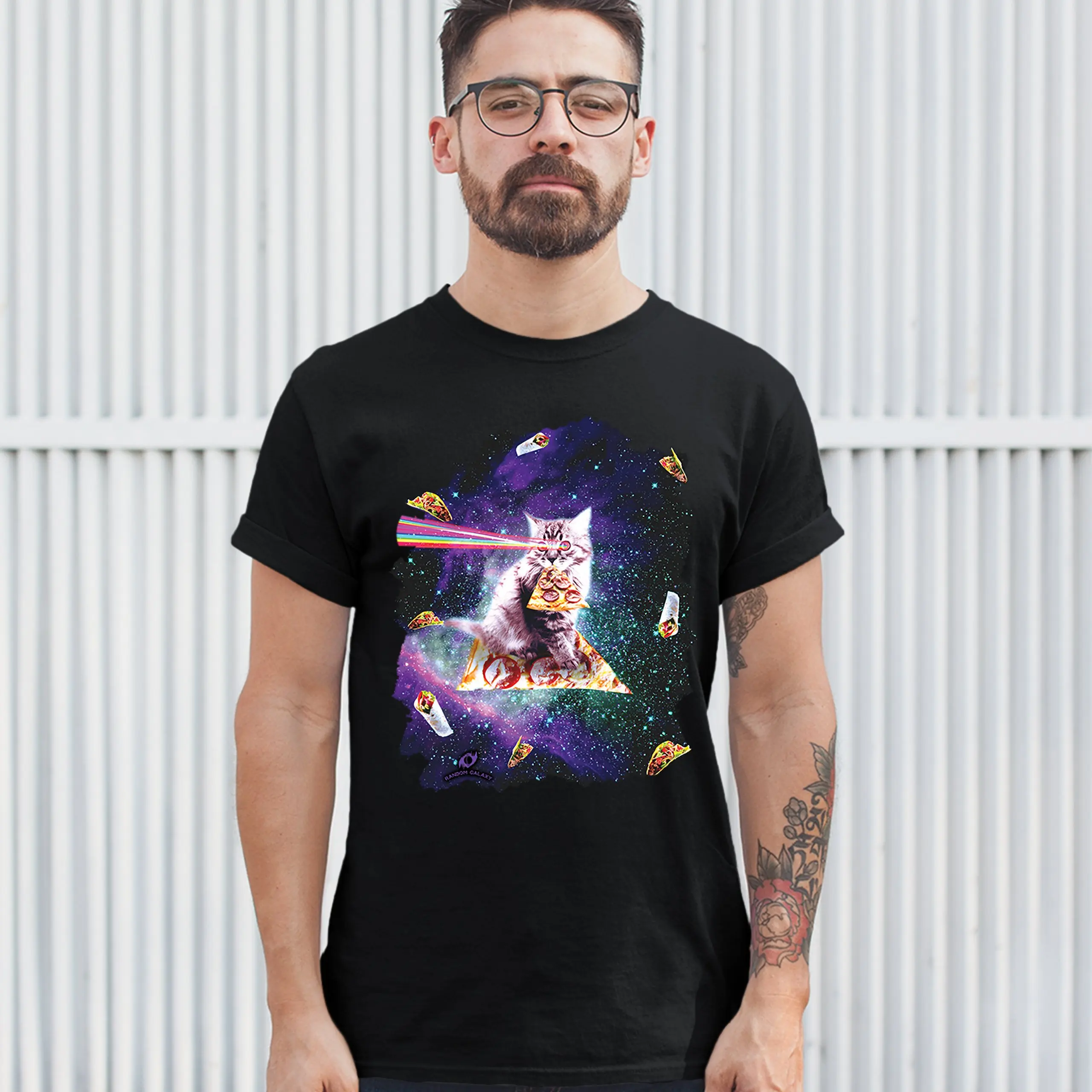 Cat Firing Rainbow Laser Riding Pizza Slice In Space. Funny Cat Graphic T-Shirt. Summer Cotton O-Neck Short Sleeve Mens T Shirt