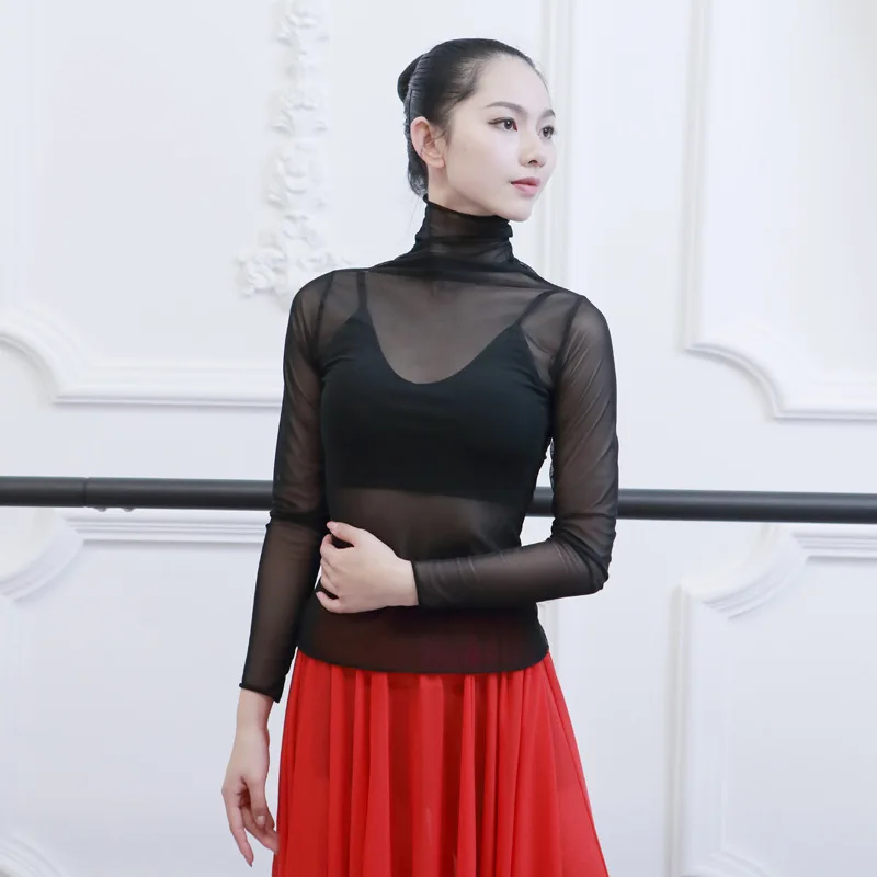 Adult Mesh Turtleneck Belly Dance Top Transparent Blouse Shirt Costume for Women Oriental Dance Clothes Dancer Wear Clothing