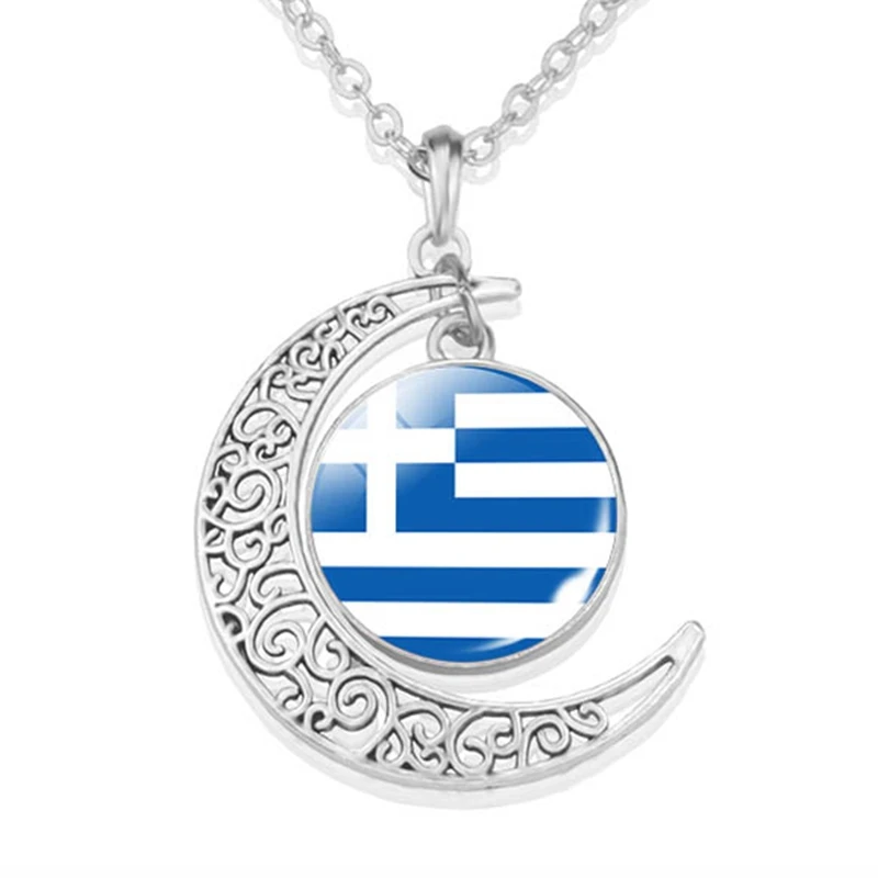 Crescent Moon Pendant Europe Countries National Flag Necklace Glass Cabochon Greece Spain Belarus Sweden Flag Jewelry for Women