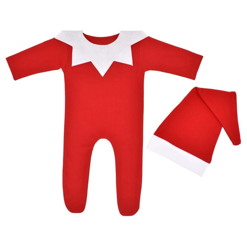 

1 Set Newborn Photography Props Clothing Red Baby Romper with Collar Long Tail Hat Set Bodysuit Beanies Kit G99C