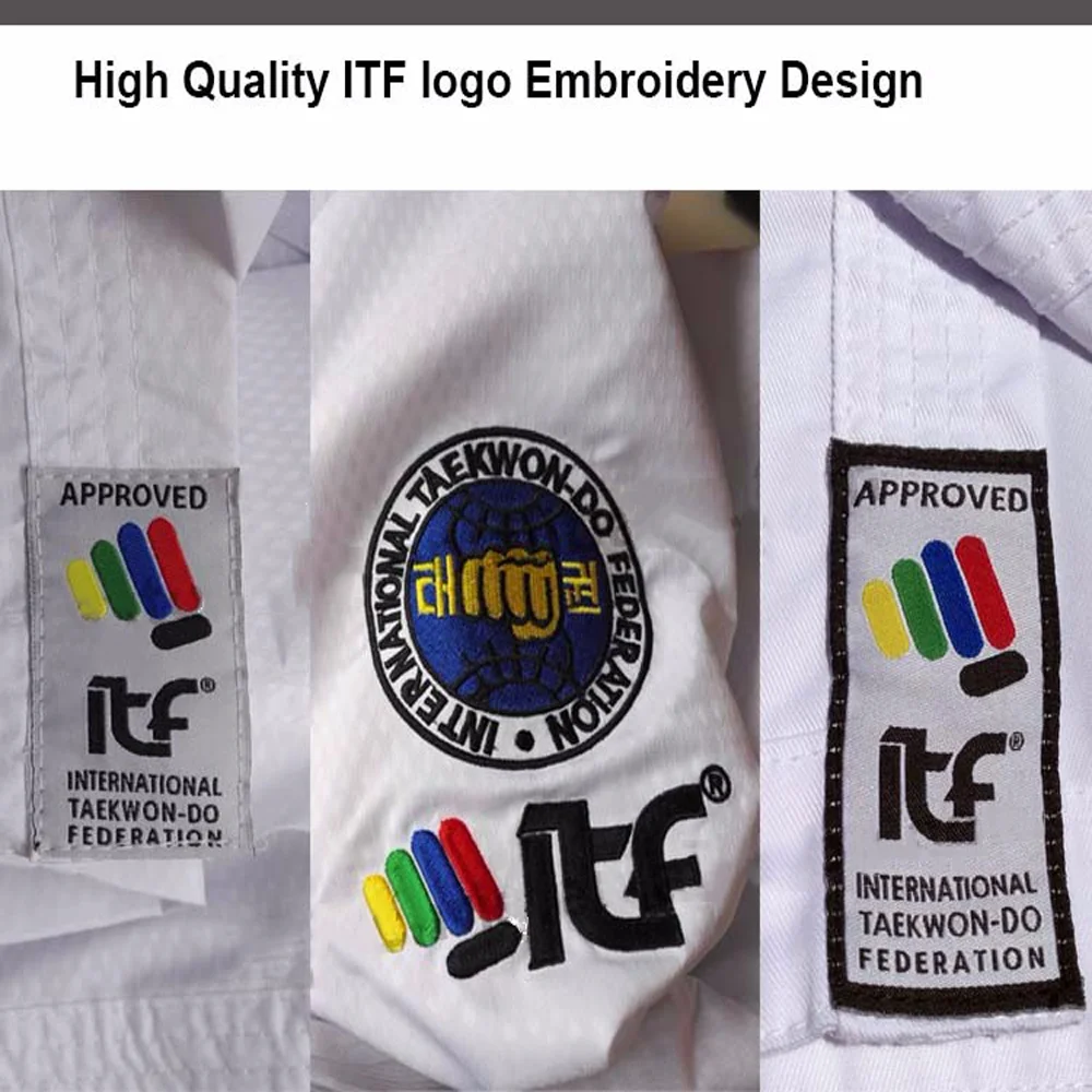 Ultraleve itf taekwondo terno taekwondo uniforme assistente quimono bordado padrão artes marciais doboks 1-3 dan para adulto