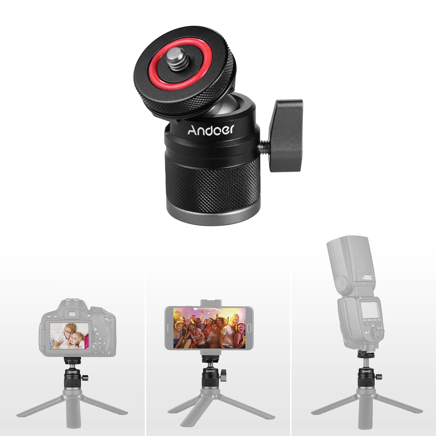 Głowica kulowa Andoer 2 w 1 podwójnego zastosowania z mocowaniem śrubowym 1/4 360 °   Stop aluminium do uchwytu na telefon z aparatem Speedlite Statyw Selfie Stick