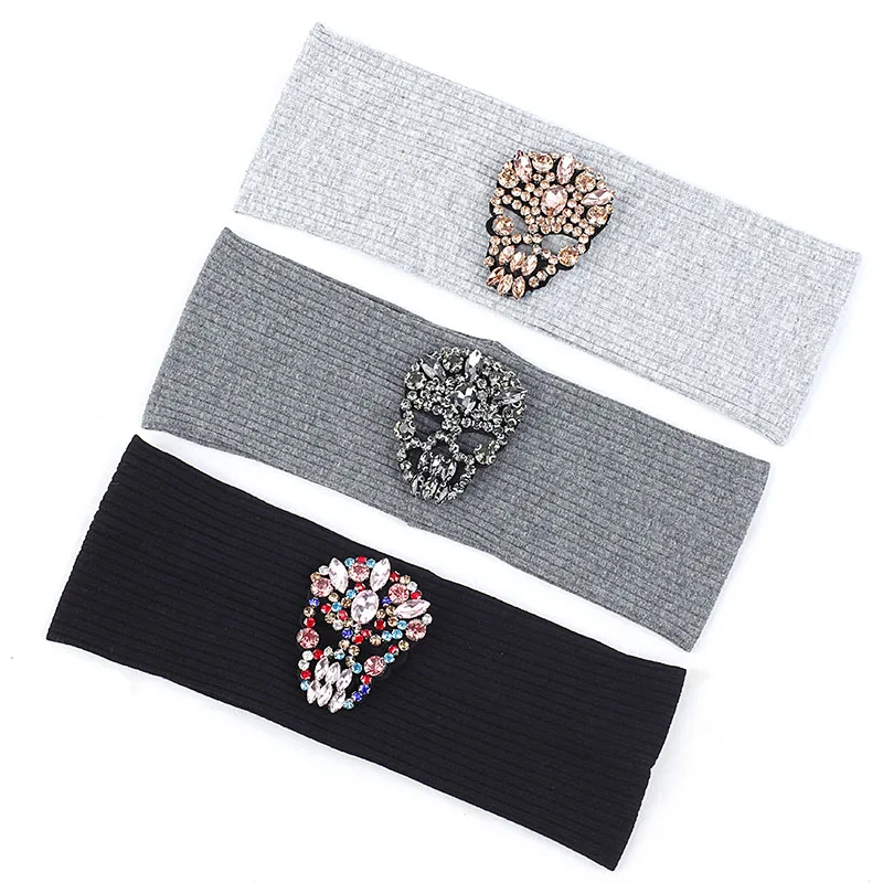 Women Casual Shiny Ghost Rhinestone Skull Ribbed Headbands Ladies Elastic Cotton Hair Bands Accessories Heard wrap