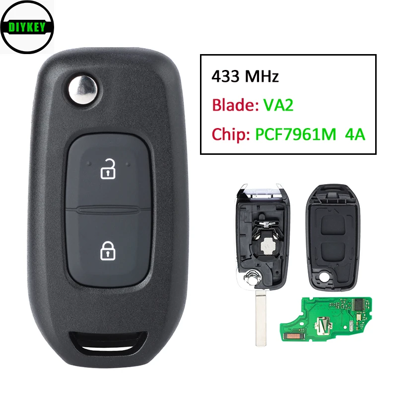 

DIYKEY Flip Remote Key 2 Button FSK 433MHz PCF7961M 4A Chip VA2 Blade Fob for Renault Dacia Logan 2 Logan II 2018 2019 2020