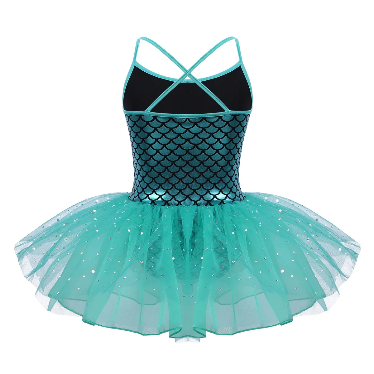 Kids Girls Leotard Ballerina Glitter Mermaid Costume Dancewear Spaghetti Fish Scales Printed Ballet Dancing Gymnastics Dress