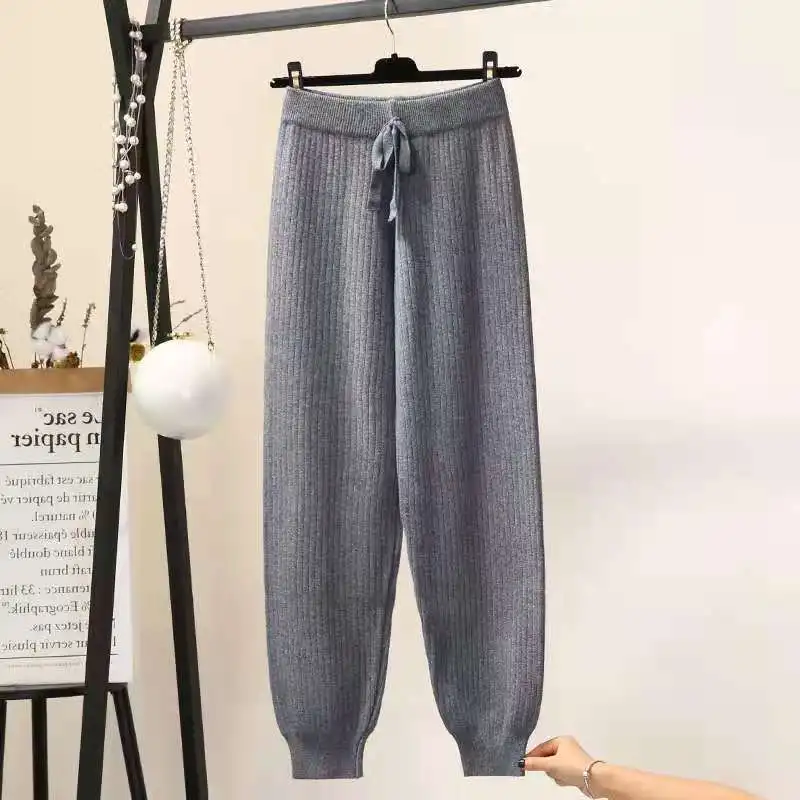 Loose women elastic waist pull rope pants thick knit Hareem pants autumn / winter sweatpants sweater carrot knit pants