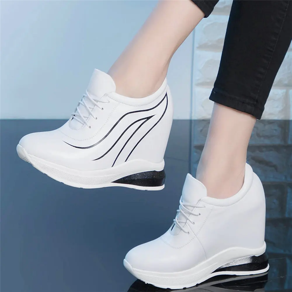 

Platform Pumps Shoes Women Lace Up Genuine Leather Wedges High Heel Ankle Boots Female Round Toe Fashion Sneakers Casual Shoes