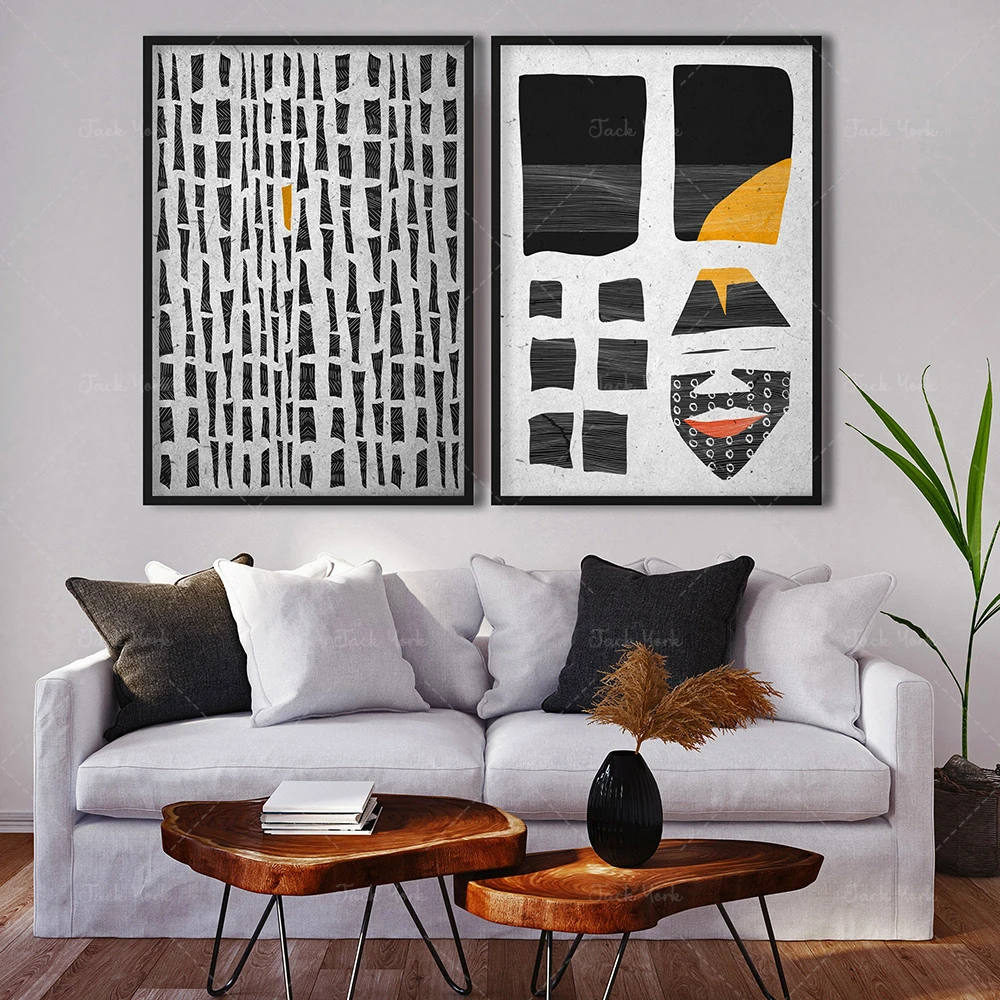 Contemporary Black White Wall Art, Abstract Set of 2 Black Yellow Print, Minimalist Afro Ceremonial Ethno Set, Figurative Set