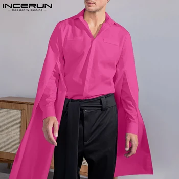 INCERUN moda koszula męska Lapel Flare z długim rękawem 2023 przycisk Casual Men odzież Solid Color Streetwear osobowość Camisas 5XL