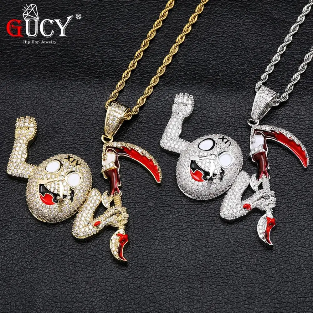 GUCY Iced Out Wicked Clock Pendant Necklace AAA Cubic Zirconia Hip Hop Jewelry With Tennis Chain For Gift