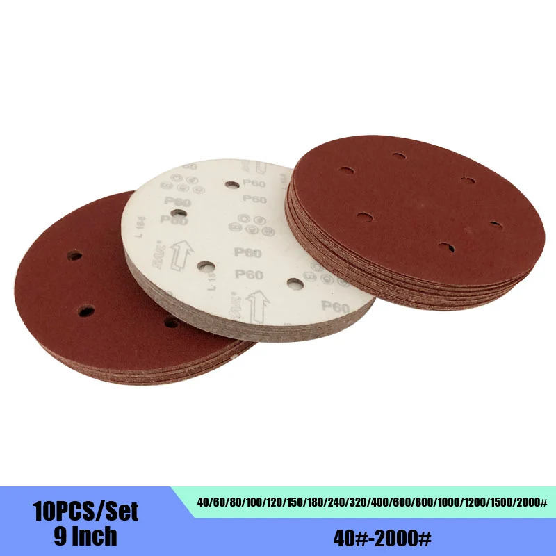 10PCS 9-inch 6-hole Wall Sanding Flocking Sandpaper Sheet 225MM Diameter Putty Powder Special Back Velvet Disc Sandpaper