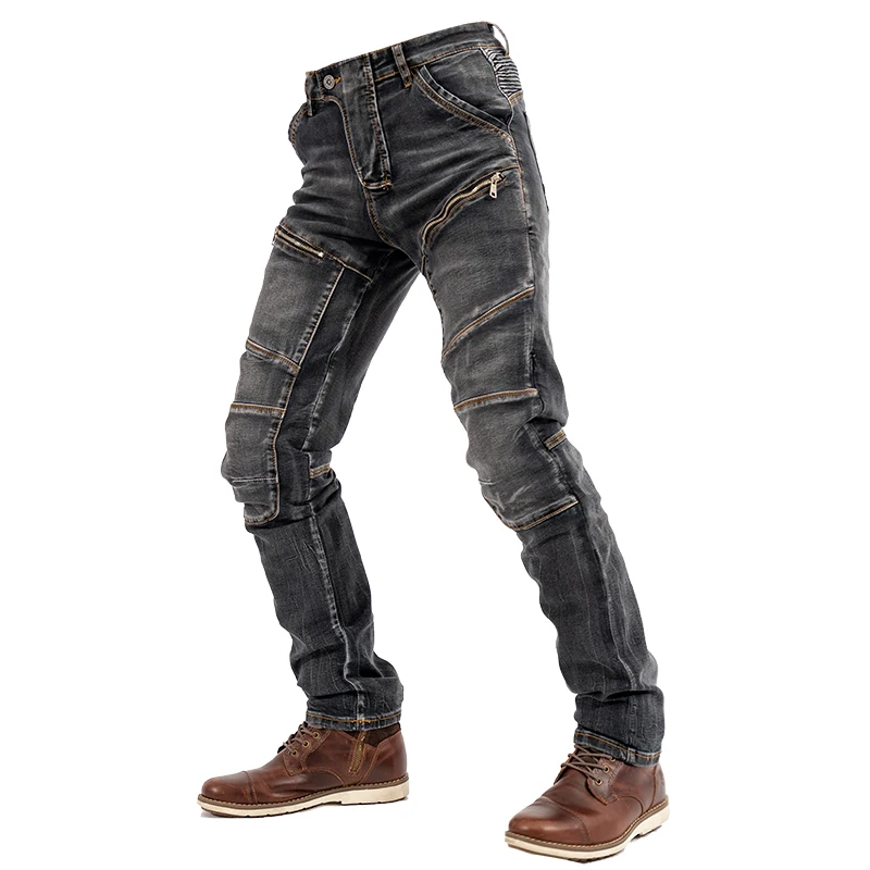 4 Seasons Moto Pants Motorcycle Knight Zipper Jeans Elastic Locomotive Riding Trousers With Aramid Knee Covert Protect Gears