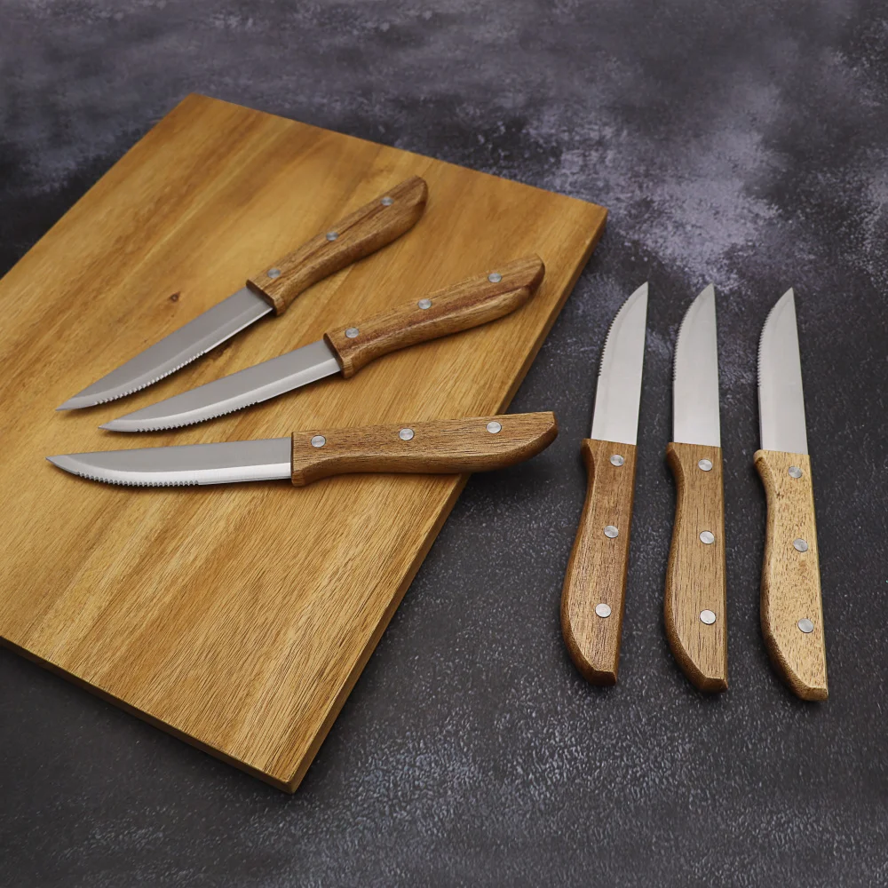 Jaswehome 6pcs/Set Stainless Steel Steak Knife Set Dinner Knife  With Wood Handle Table Knives Set Restaurant Cutlery Dinnerware