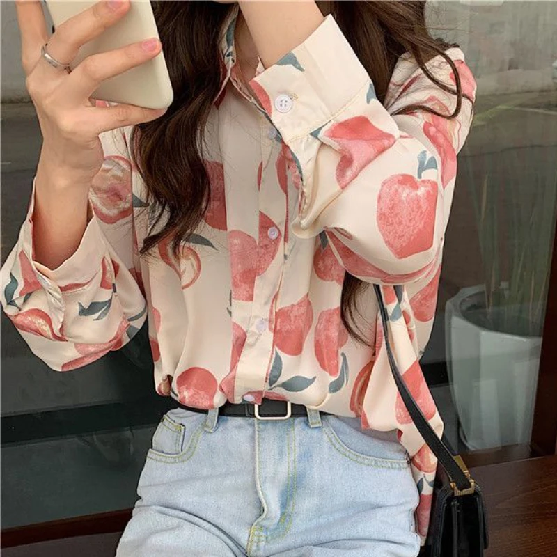 Shirts Women Retro College Female Peach-printed Breathable Single-breasted Spring Button Straight Long-sleeve Vintage Chiffon