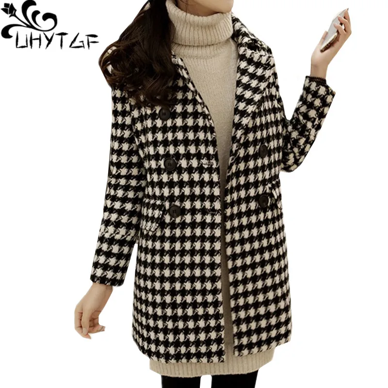 

UHYTGF Autumn Winter wool coat Fashion Plaid Elegant Women Coat Double Breasted Casual Big Size Woolen Jacket manteau femme 340