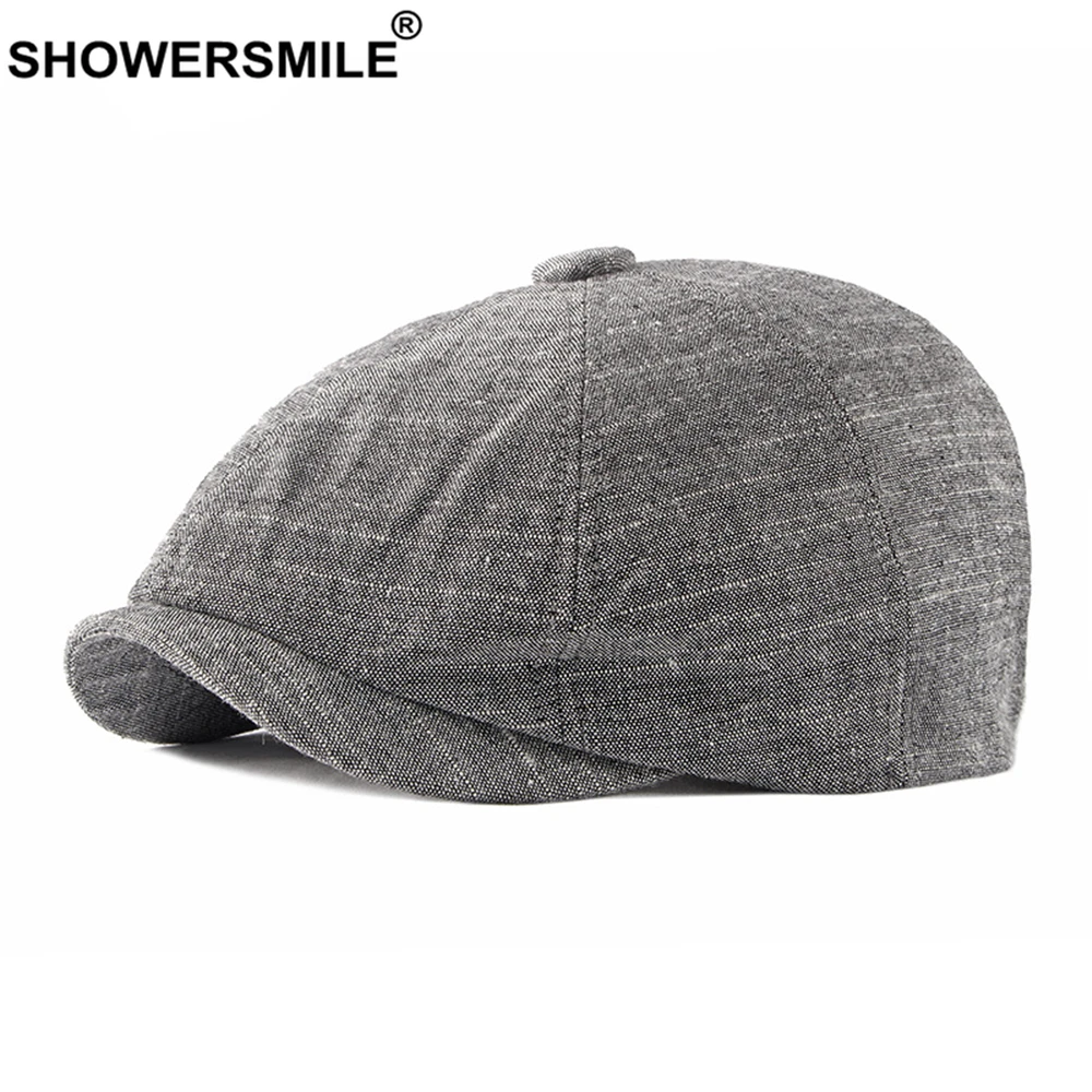 SHOWERSMILE Hats for Men Linen Newsboy Cap Men Beret Spring Summer Gray British Style Vintage Casual Octagonal Cap