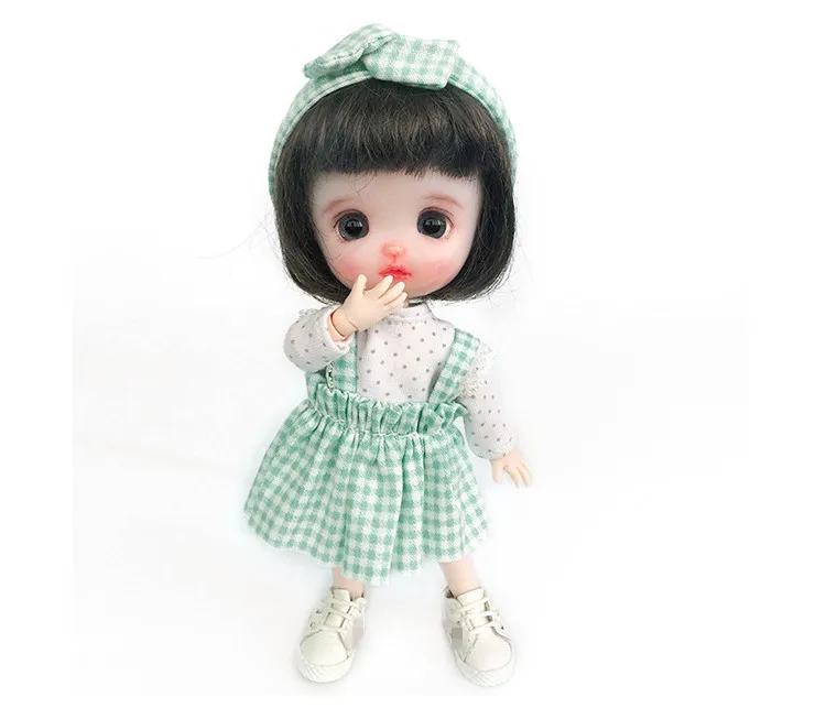 OB11 doll dress size fashion with back check skirt + round collar dot bottom coat + bow headband lovely sweet 3 suits